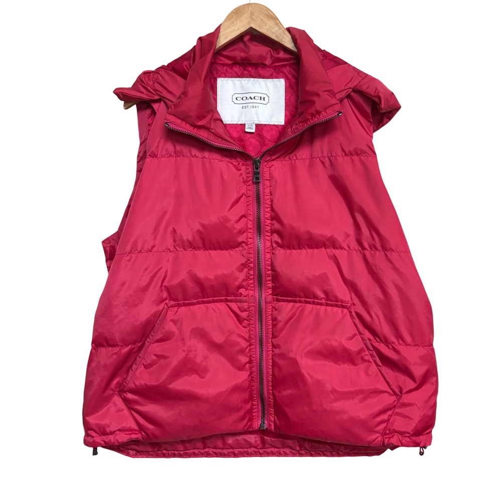 Coach Womens Puffer Vest Pink Down Fill Hooded Full Zip Signature Lining XL